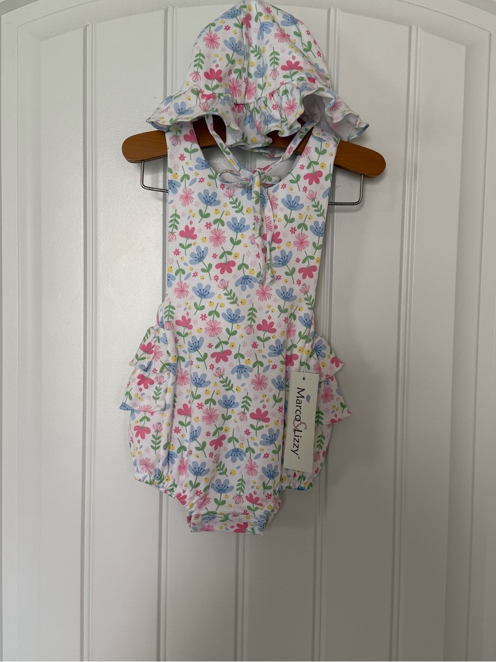 NWT Marco & Lizzy Palm Beach Girls Sunsuit &Hat Set 9M Pima Cotton Floral Romper